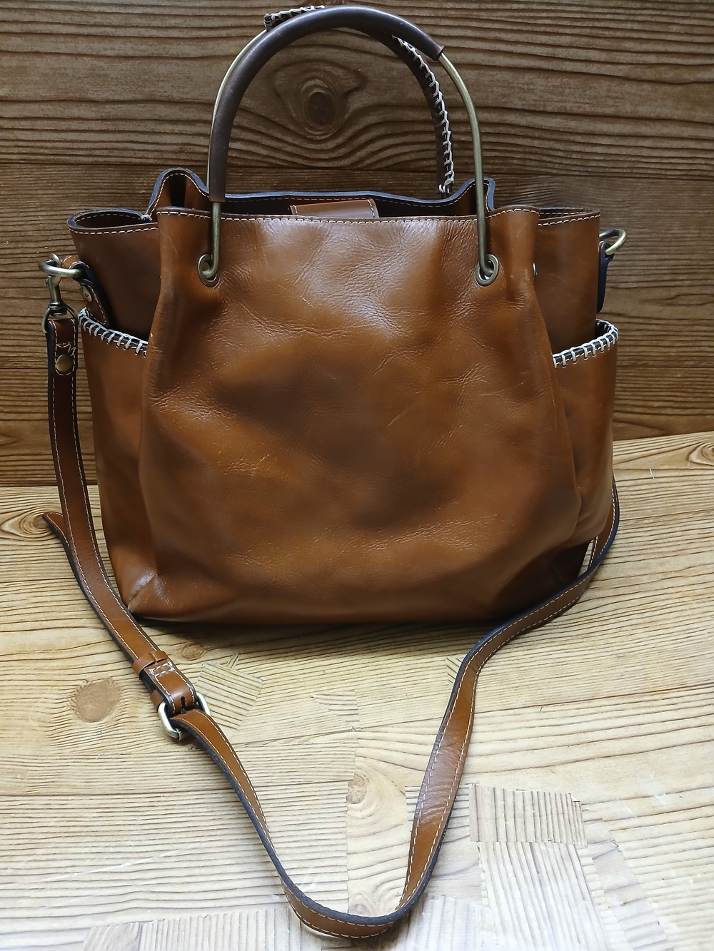 Patricia Nash Cognac Brown Leather Shoulder Tote with Top Handles - Picture 3 of 16